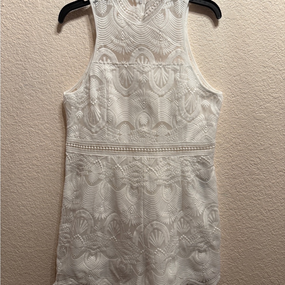 SHEIN White Lace Tank Romper with Embroidered Detail